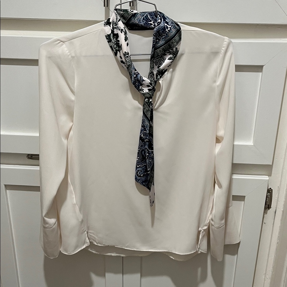 Zara Basic Cream Top With Blue Patterned Scarf - image 1